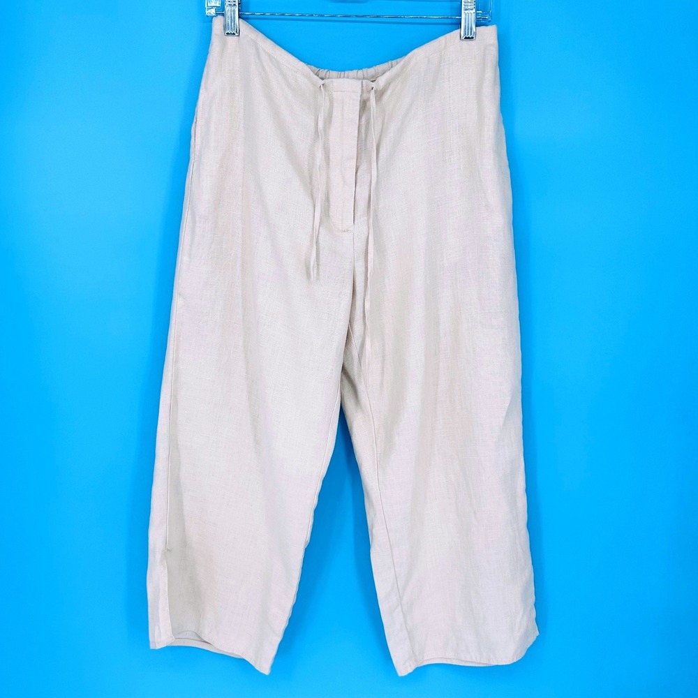 Eddie Bauer Womens Petite M Oatmeal 100% Linen Wide Leg Cropped Drawstring Pants